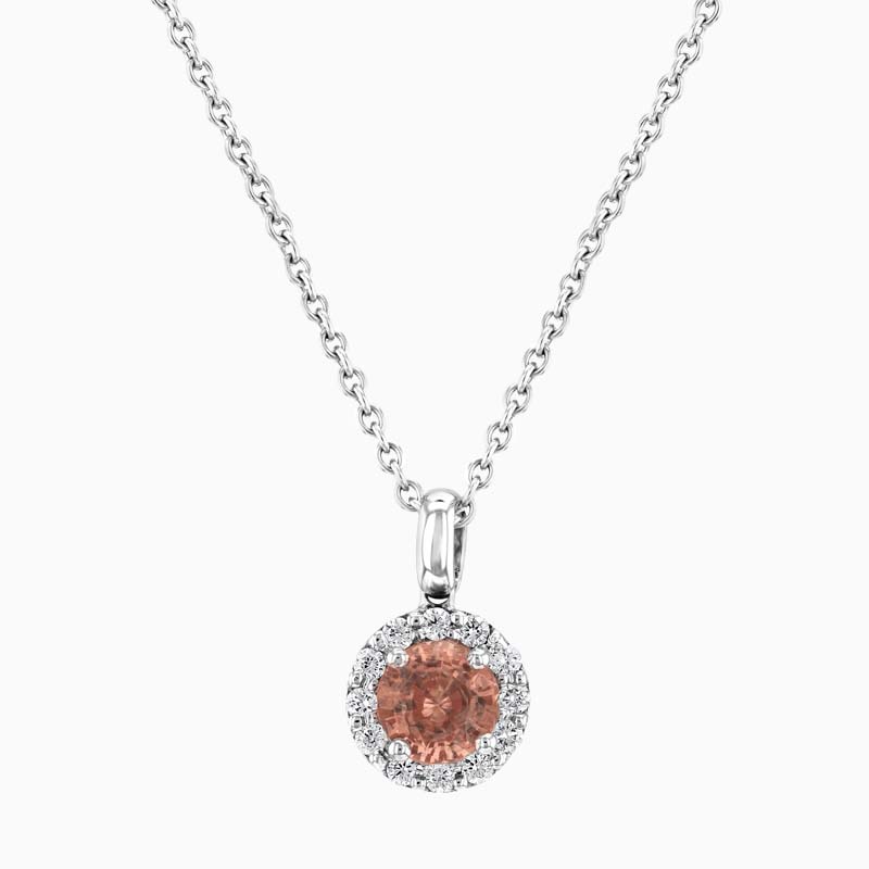 18ct White Gold Padparadscha Sapphire and Diamond Halo Pendant with Chain