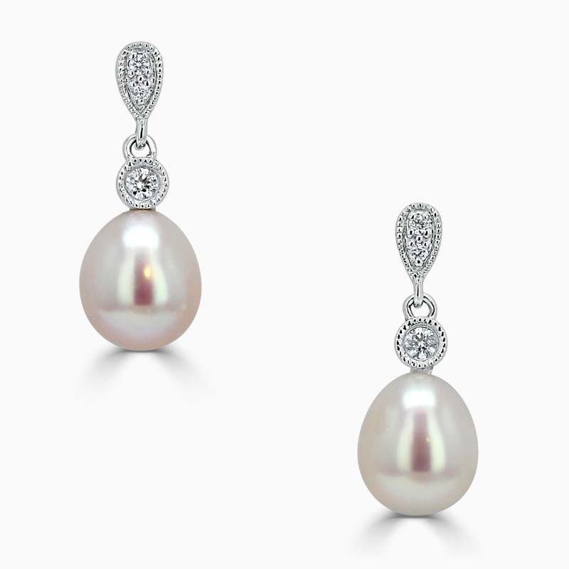 18ct White Gold Teardrop Freshwater Pearl & Diamond Drop Earrings