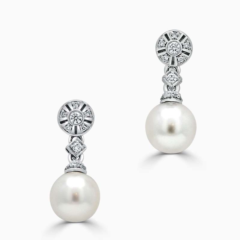 18ct White Gold Akoya Pearl & Diamond Drop Earrings