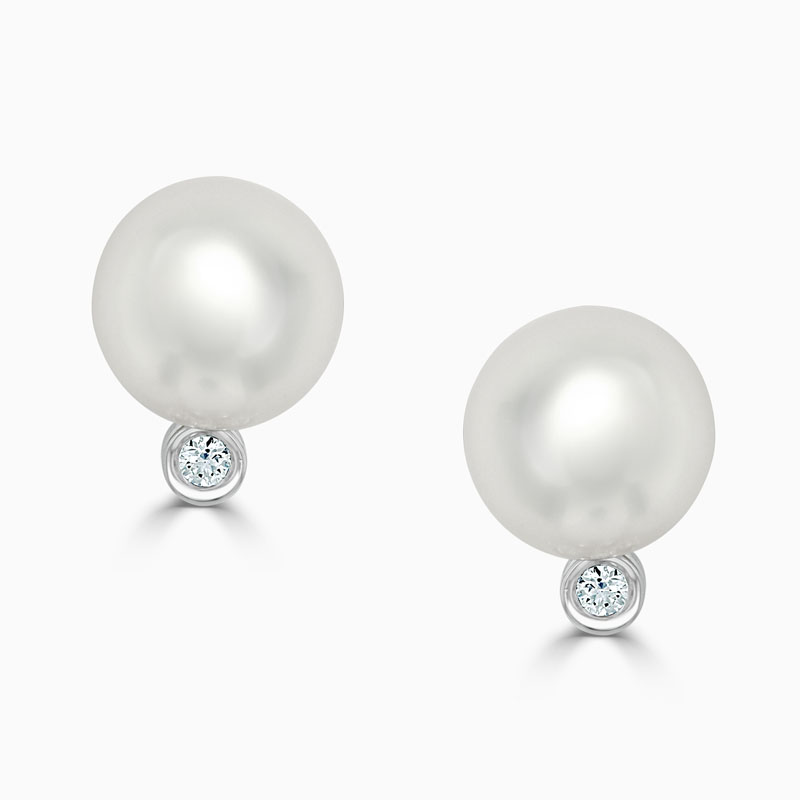 18ct White Gold 9mm Pearl and Diamond Drop Earrings