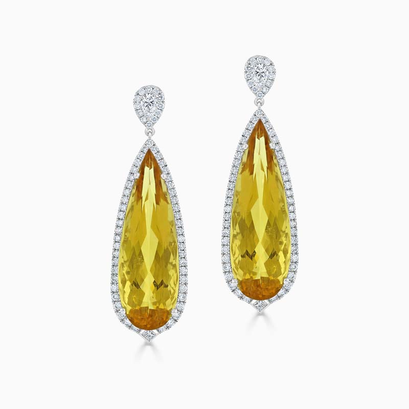 18ct White Gold Golden Beryl & Diamond Drop Earrings