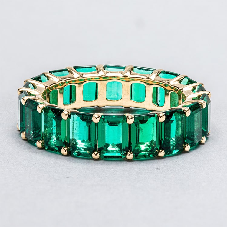 18ct Yellow Gold Emerald Cut Lab Grown Emerald Claw Set Full Eternity Ring