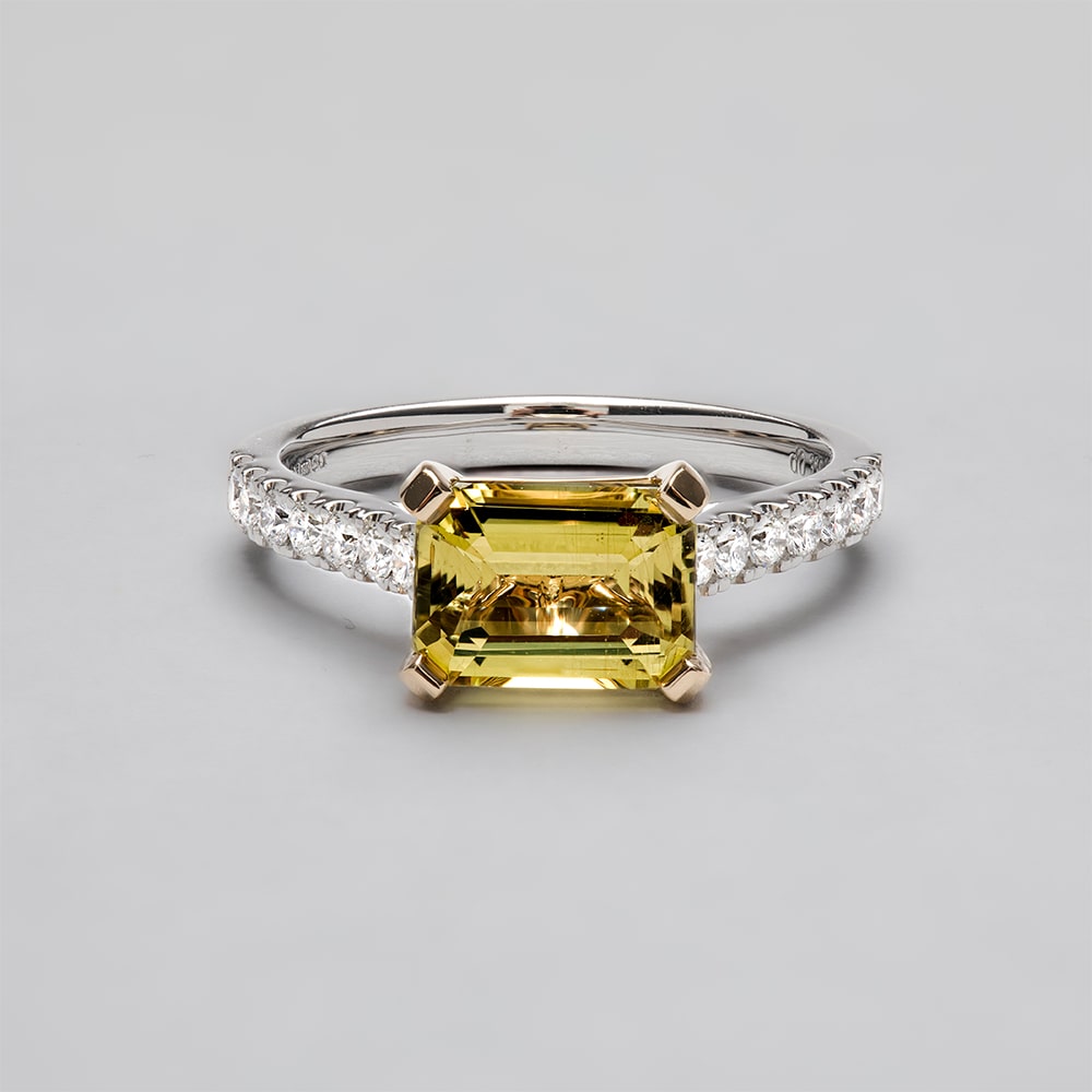 Platinum Emerald Cut Green Chrysoberyl Diamond Shoulder Set Ring