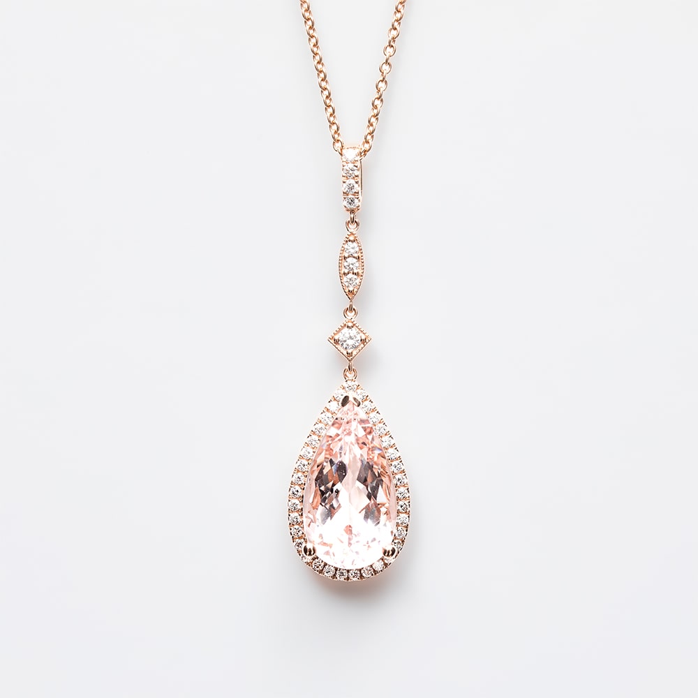 18ct Rose Gold Pear Shape Morganite Diamonds Set Halo Pendant