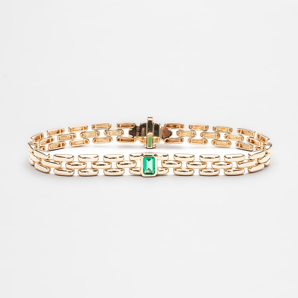 14ct Yellow Gold Three Row Link Bracelet with Rub-Set Emerald Cut Lab Emerald