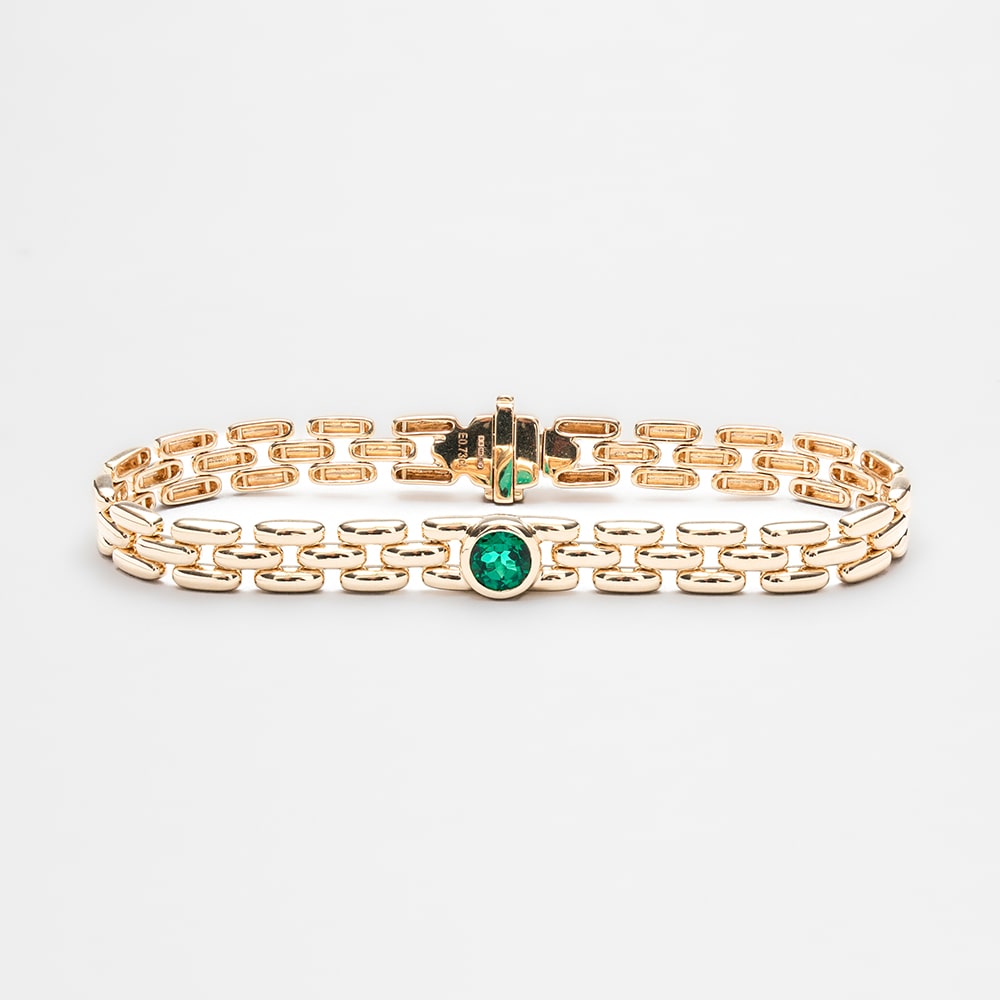 14ct Yellow Gold Three Row Link Bracelet with Rub-Set Round Lab Emerald