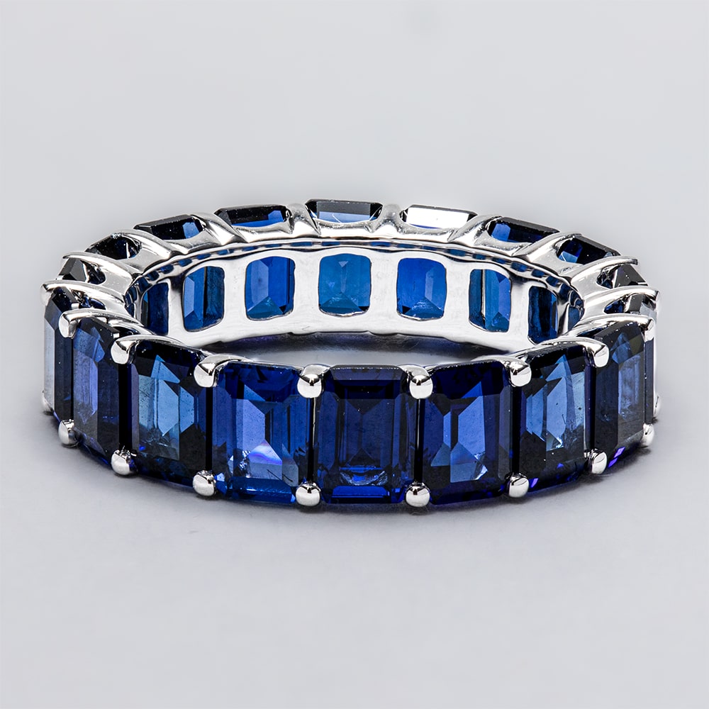 18ct White Gold Emerald Cut Lab Sapphire Claw Set Full Eternity Ring