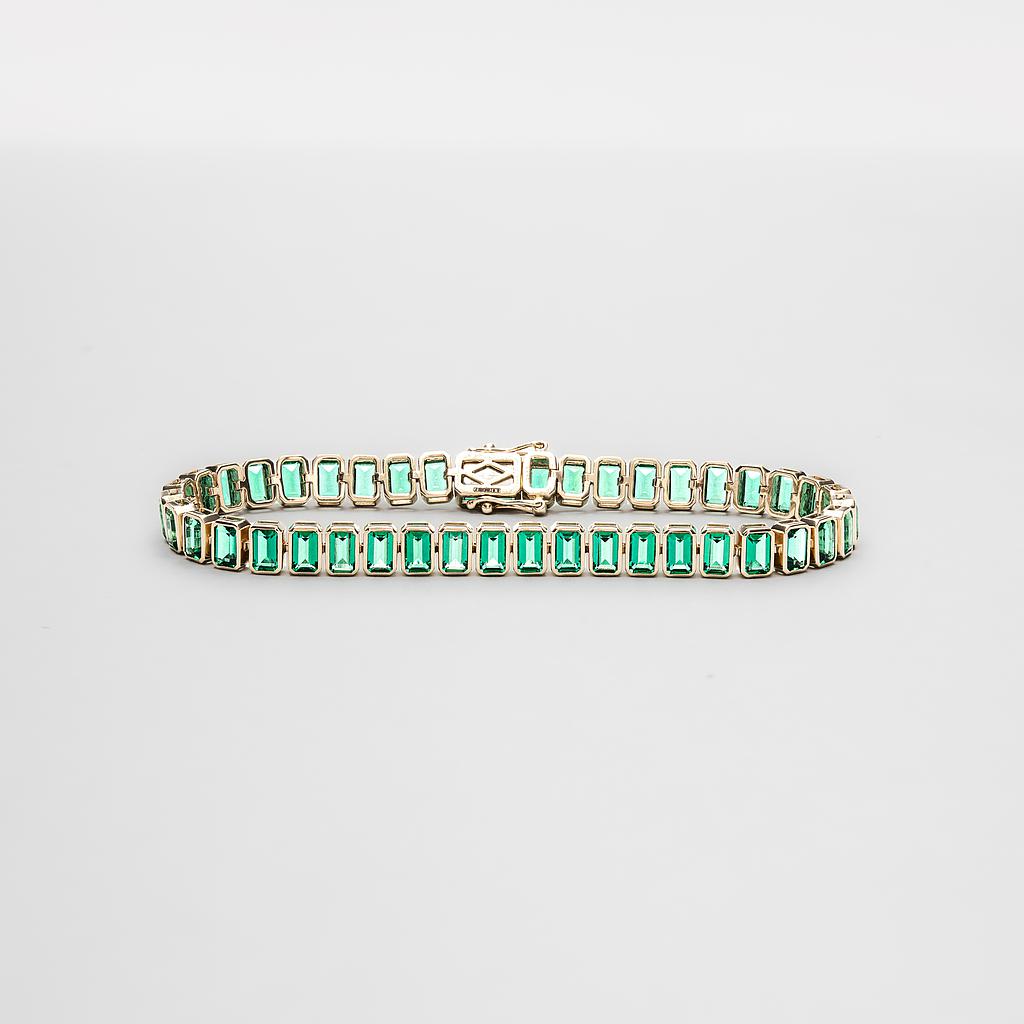 14ct Yellow Gold Lab Grown Emerald Cut Emerald RubOver Line Bracelet