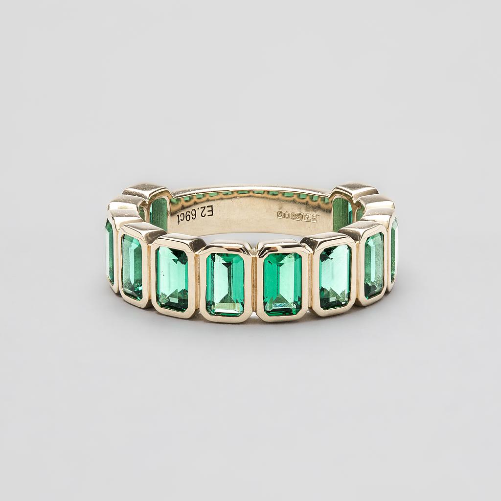 14ct Yellow Gold Lab Grown Emerald Cut Emerald 3/4 Set Eternity Ring