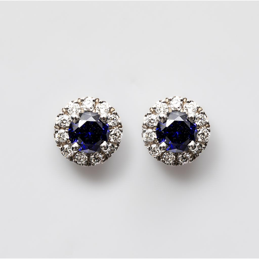 18ct White Gold Round Brilliant Blue Lab Sapphire Diamond Halo Stud Earrings (0.60ct)