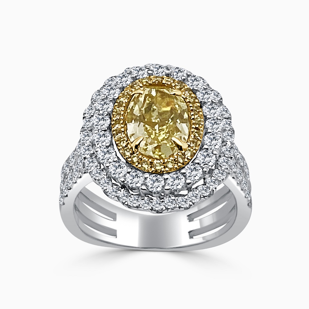 18ct White Gold Oval Shape Yellow Diamond Ring with Triple Halo and Shoulders