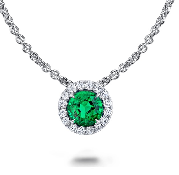 18ct White Gold Round Cut 5mm Lab Grown Emerald Halo Pendant