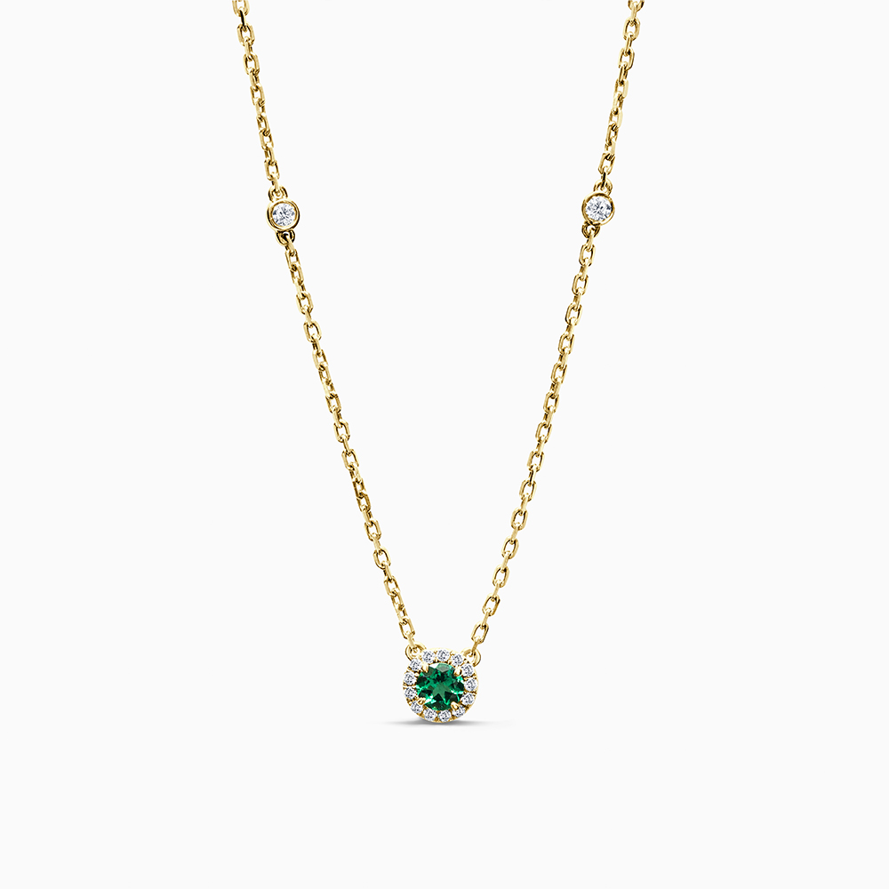 18ct Yellow Gold 4mm Lab Grown Emerald Halo Pendant With Spectacle Set Diamond Chain