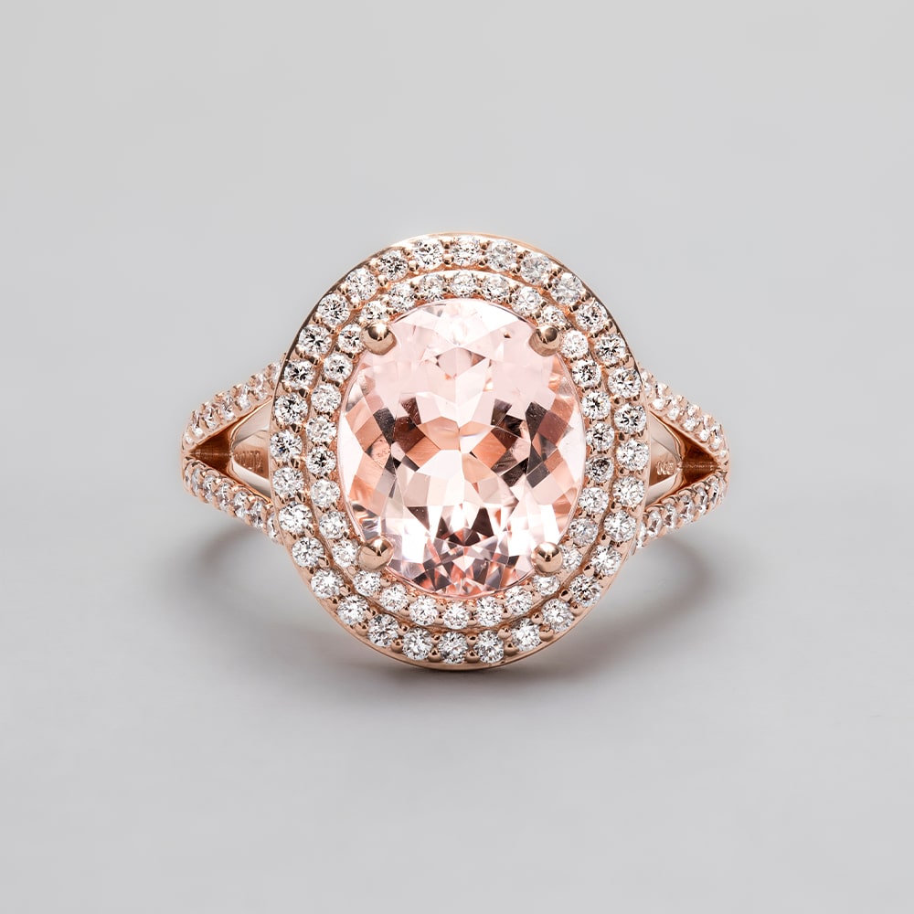 18ct Rose Gold Oval Morganite and Diamond Set Double Halo Ring