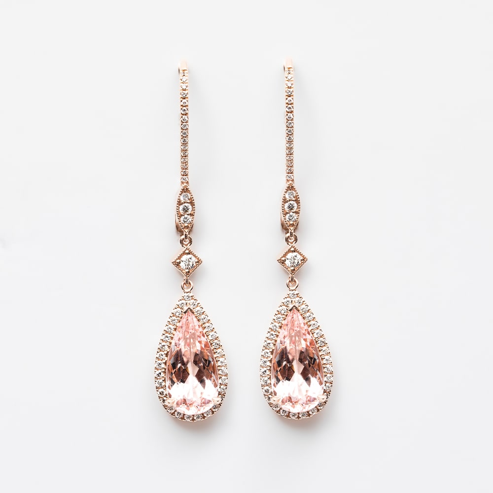 18ct Rose Gold Pear Shape Morganite Diamond Set Halo Drop Earrings