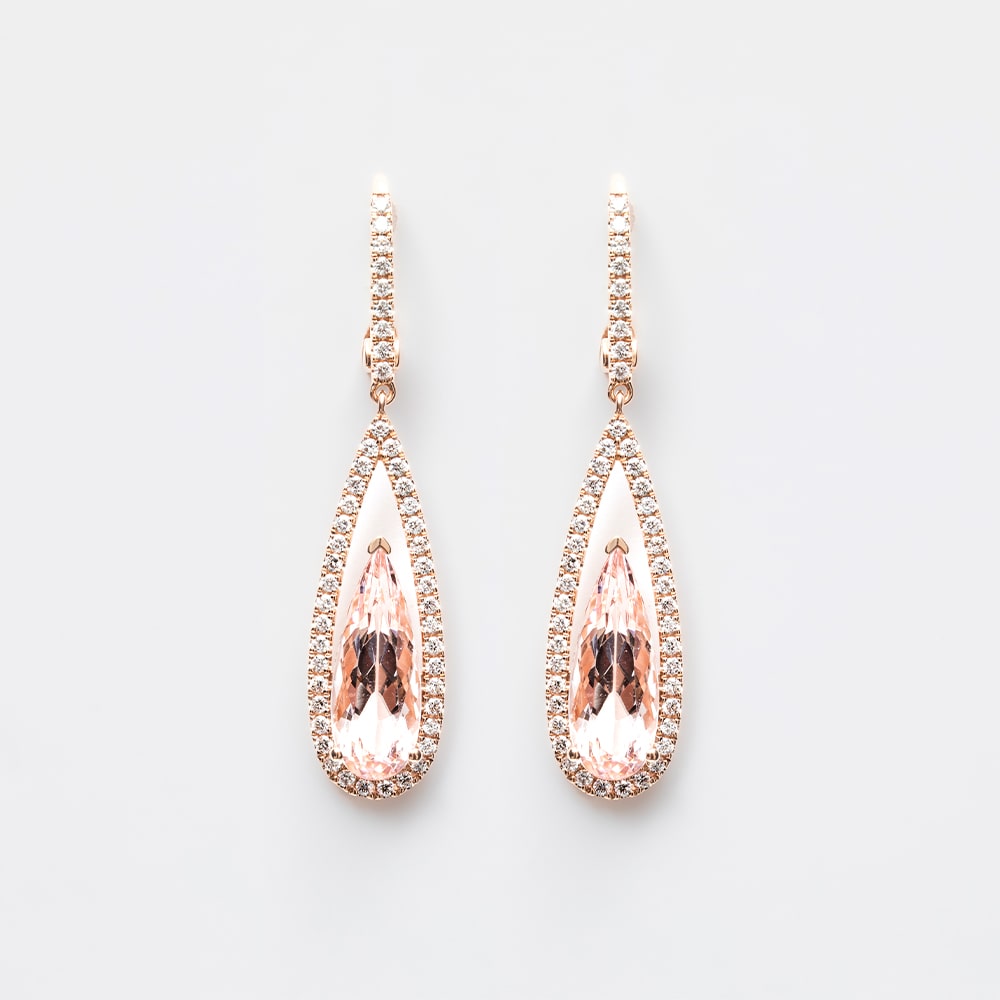 18ct Rose Gold Pear Shape Morganite Diamonds Set Halo Drop Earrings