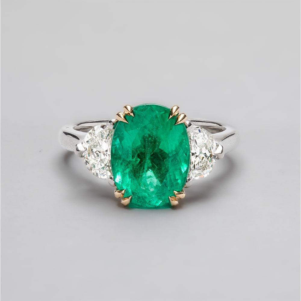 18ct Yellow Gold Oval Emerald Half Moon Diamond Three Stones Ring