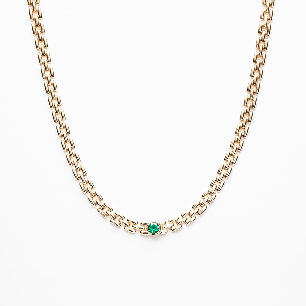 Three Row Link Necklace with Rub-Set Lab Emerald