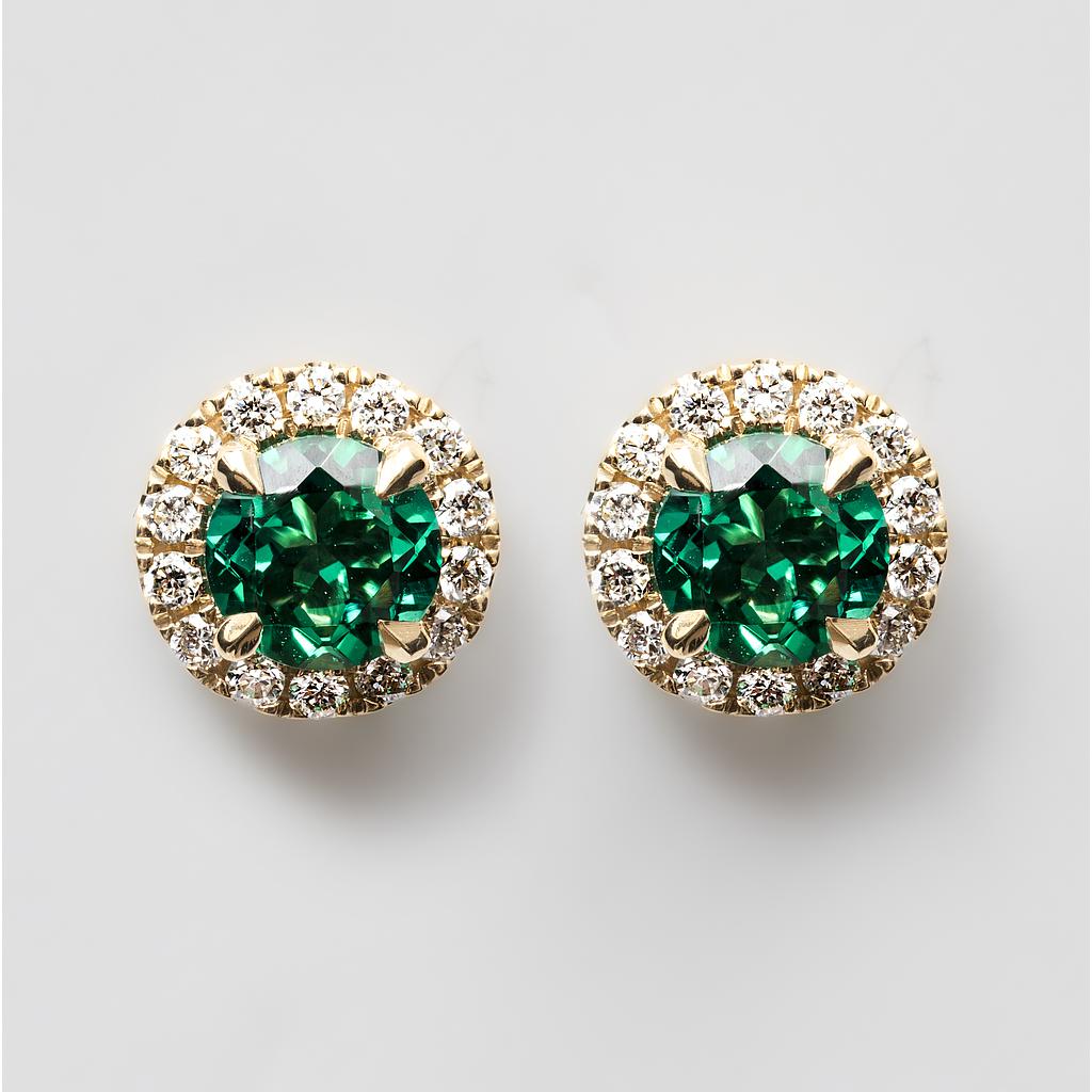 18ct Yellow Gold Round Brilliant Lab Emerald Diamond Halo Stud Earrings (0.96ct)