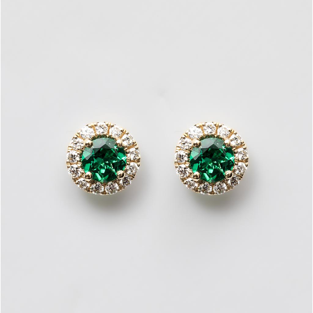 18ct Yellow Gold Round Brilliant Lab Emerald Diamond Halo Stud Earrings (0.30ct)