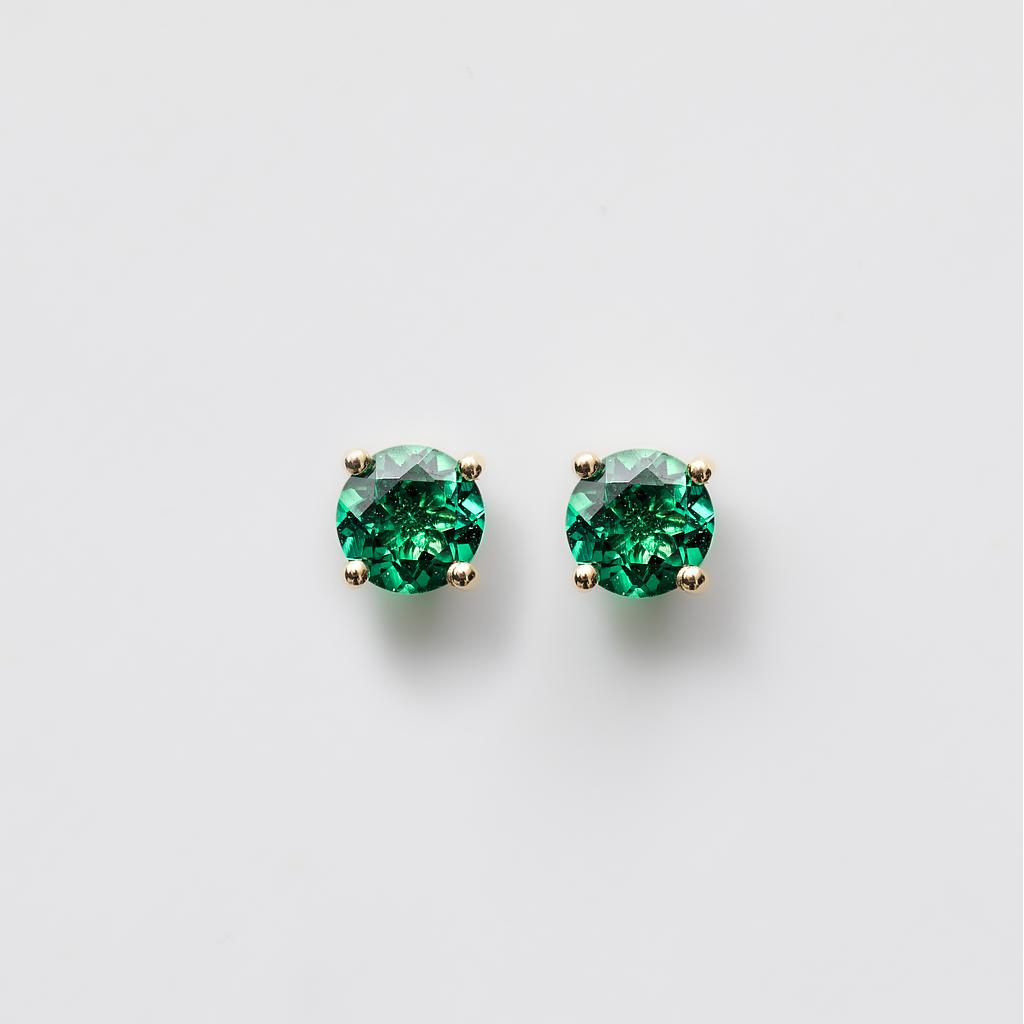 18ct Yellow Gold 4 Claw Round Brilliant Lab Emerald Stud Earrings (0.50ct)