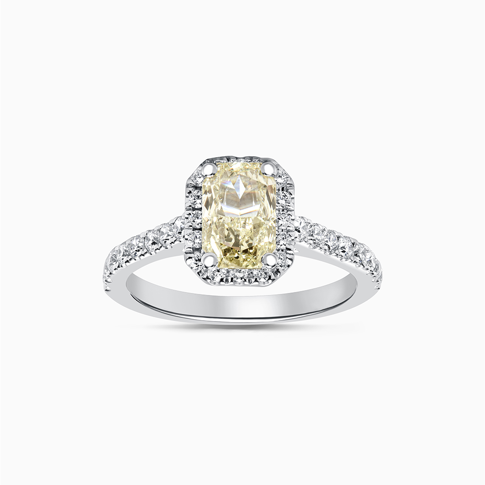 Platinum Faint Yellow Radiant Cut Diamond Ring with Diamond Halo and Shoulders