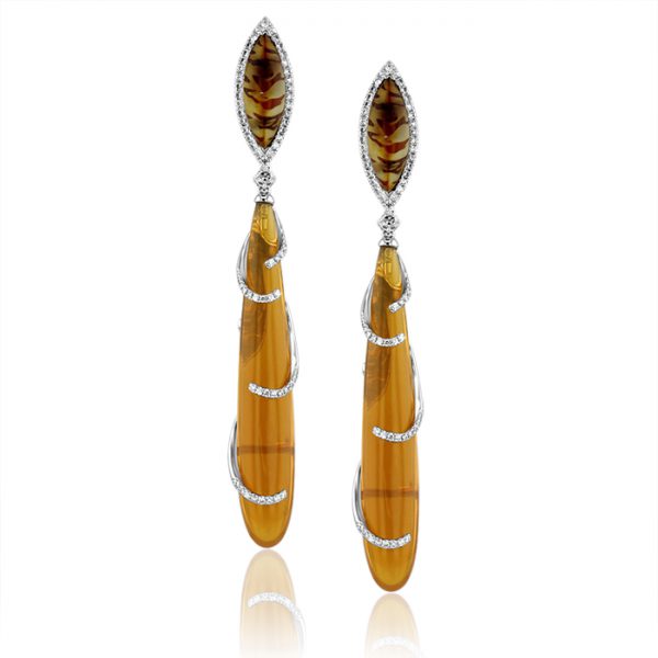 18ct White gold Mexican Fire Opal dangle earrings 