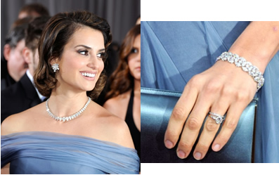 Penelope Cruz diamond earrings diamond braceklet and diamon necklace at the oscars  2012