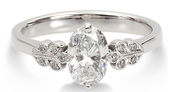 bespoke oval diamond engagement ring leaf design