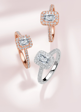 Three ready to wear halo engagement rings with crisscut diamonds